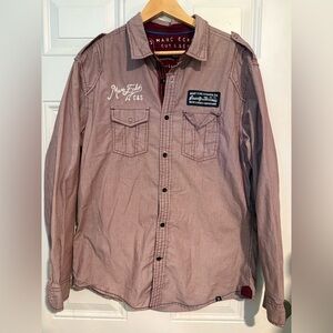Marc Ecko Burgundy Button-Up Shirt with Embroidered Patches